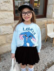 2pcs/Set Young Girl Blue Graphic Print & Tie-Dye Effect Sweatshirt With Pleated Skirt, Casual & Chic School/Work Outfit - Multicolor - View 3