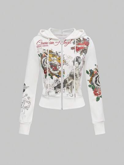 J-Fashion Sudadera con capucha ajustada con estampado de geisha, tigre y rosa, estilo neo-chino de la subcultura Y2K para mujeres