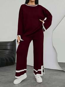 EURMUSE 1pc Contrast Trim Drop Shoulder Sweater & 1pc Knit Pants,Loungewear Set,Petite,Winter Clothes,Two Piece Set Women - Burgundy - View 4