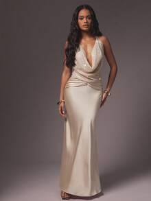 Hauture 女式性感派对围脖挂脖亮片露背垂坠上衣 - 杏色 - 查看 3