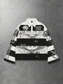 ROMWE MEN Street Life 男士条纹领长袖印花T恤，休闲学院风上衣，秋季款 - 黑與白 - 查看 1