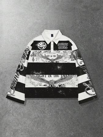 Street Life T-shirt imprimé à manches longues avec col rayé pour hommes, style décontracté universitaire, automne