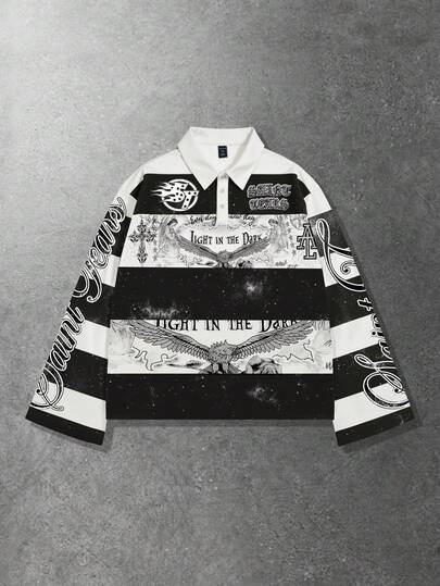 Street Life Men Striped Collar Long Sleeve Printed T-Shirt, Casual College Style Top, Fall