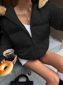 Muchica Women's Faux Fur Patchwork Hooded Zip-Up Long Sleeve Padded Coat Autumn Winter Clothes For Women Black Black Jacket Oversized Jacket Crop Jacket