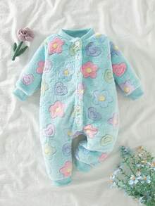 SHEIN Playful Pals 1 pieza Conjunto de invierno para bebé niña Otoño/Invierno Nuevo Mono de manga larga con apertura frontal y estampado de flores de felpa, Mono grueso y cálido - Azul - Ver 3