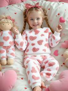 SHEIN Bộ đồ ngủ in hình trái tim bằng vải lông cừu ấm áp 2 món, áo choàng ngủ dễ thương cho nữ, mùa thu/đông - Màu Hồng baby - Xem 1