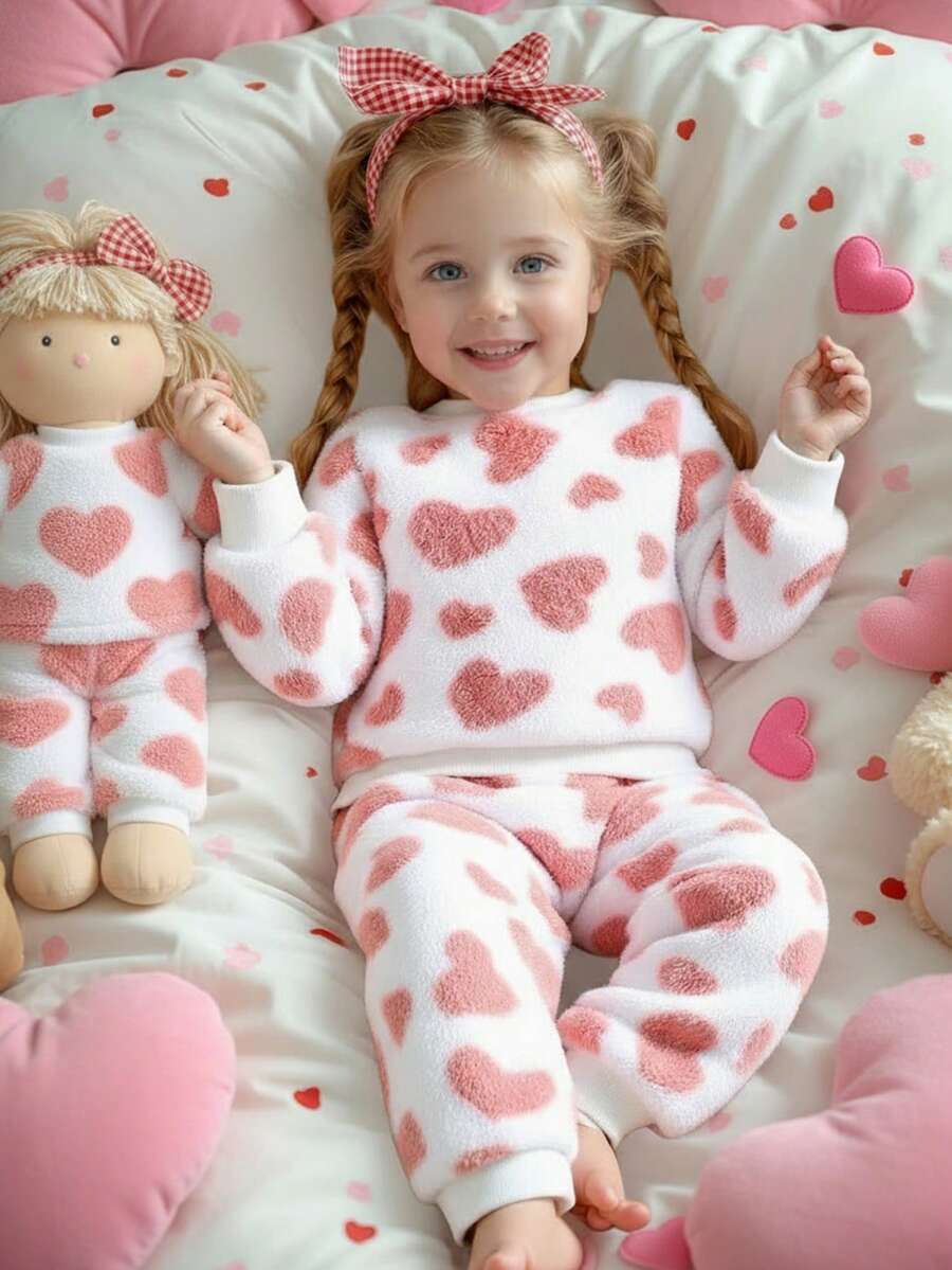 SHEIN Bộ đồ ngủ in hình trái tim bằng vải lông cừu ấm áp 2 món, áo choàng ngủ dễ thương cho nữ, mùa thu/đông - Màu Hồng baby - Xem 1