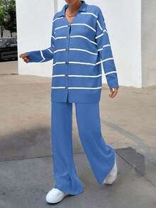 EURMUSE Women Striped Sweater Cardigan And Pant Set - Royal Blue - View 6