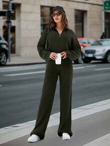 SHEIN Tall Cardigan com zíper e ombros caídos e calças de malha - Verde de Exercício - Ver 5