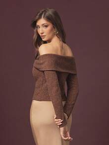 L'Amorae Women Brushed Rib Knit Off Shoulder Twisted Top, Fall Holiday Christmas Cozy Casual Nigh Out - Brown - View 2