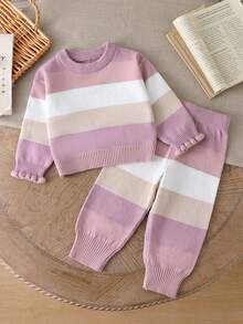 女婴秋冬时尚条纹针织长袖上衣和打底裤套装，舒适精灵女婴套装，秋冬季女婴保暖套装，两件套女婴冬季服装，针织两件套秋冬女婴连衣裙，针织女婴服装，秋冬针织女婴套装，女婴毛衣套装，婴儿针织两件套冬季服装 - 粉色 - 查看 1