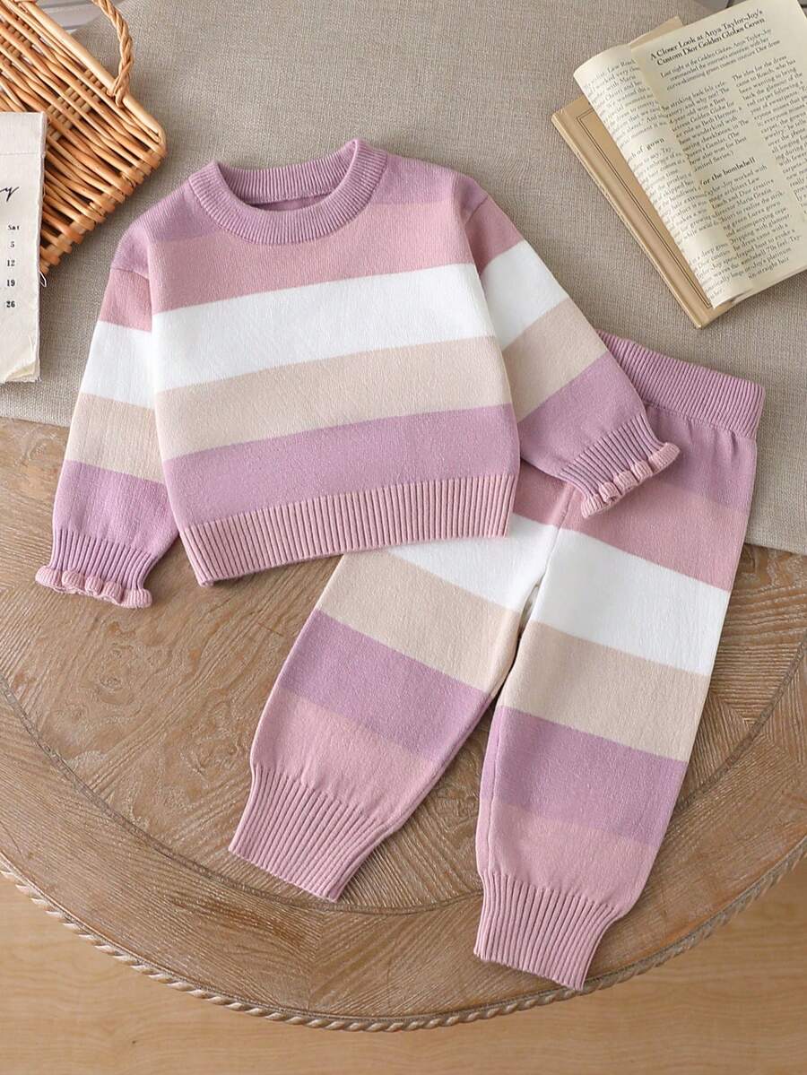 女婴秋冬时尚条纹针织长袖上衣和打底裤套装，舒适精灵女婴套装，秋冬季女婴保暖套装，两件套女婴冬季服装，针织两件套秋冬女婴连衣裙，针织女婴服装，秋冬针织女婴套装，女婴毛衣套装，婴儿针织两件套冬季服装 - 粉色 - 查看 1