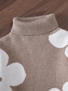 SHEIN 休闲可爱女宝宝套装。灰色卡其色，饰以花朵图案。针织高领长袖毛衣+针织阔腿长裤。两件套。柔软舒适。适合日常、各种场合，包括旅行、度假、居家、幼儿园和派对。春、秋、冬三季百搭服装。节日庆典。女童套装。 - 卡其色 - 查看 5