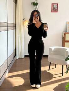 Rafferiza 2pcs/Set Casual Hooded Sweatshirt With Pockets & Ribbed Knit Flare Pants For Women, Versatile For Daily Wear, Autumn/Winter Fall Cloth For Women - Black - View 2