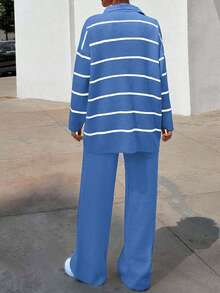 EURMUSE Women Striped Sweater Cardigan And Pant Set - Royal Blue - View 2