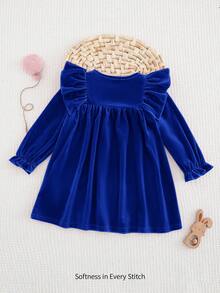 Cozy Pixies 女婴纯色针织柔软圆领荷叶边下摆束腰长袖连衣裙 - 藍色 - 查看 2