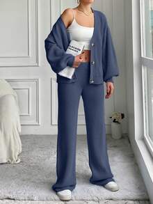 EURMUSE Women Knitted Ribbed Cardigan Sweater & Pants 2 Pieces Set, Autumn/Winter - Dusty Blue - View 4