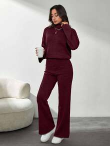 SHEIN Tall Solid Color Long-Sleeved Sweater And Knitted Trousers Two Pieces Set,Petite,Winter Clothes, Tall Women - Burgundy - View 3