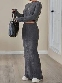 EURMUSE Women Round Neck Long Sleeve Sweater And Maxi Sweater Skirt Slim Fit Grey Color 2pcs Two Pieces Set - Grey - View 4
