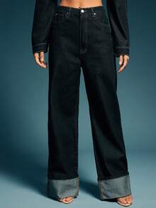 Denimoi 高腰阔腿卷边牛仔裤，时尚秋冬 - 藏蓝色 - 查看 2