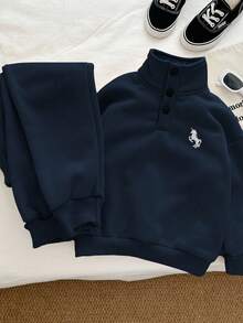 Genkimix Kids 2件套Genkimix 小男孩刺绣飞马半拉链休闲纯色上衣+纯色休闲慢跑裤套装