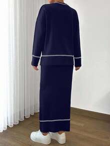 EURMUSE Women Solid Color Round Neck Drop Shoulder Stripe Pattern Pullover & Sweater Skirt Set,Petite,Winter Clothes - Navy Blue - View 3