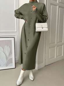 EURMUSE Elegantes Oversize-Maxi-Pulloverkleid mit Rollkragen und Knopf, Drop-Shoulder