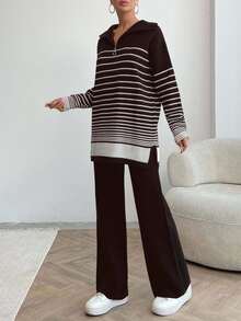 EURMUSE Women Solid Color Asymmetric Stripe Pattern Collar Neck Zipper Drop Shoulder Pullover & Sweater Pants Set, Petite, Winter Clothes - Brown - View 4