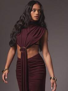 Hauture Sexy Mock Neck Front Drape Maxi Mesh Dress – Gold Ring Detail Party & Night Out Dress - Red Violet - View 2