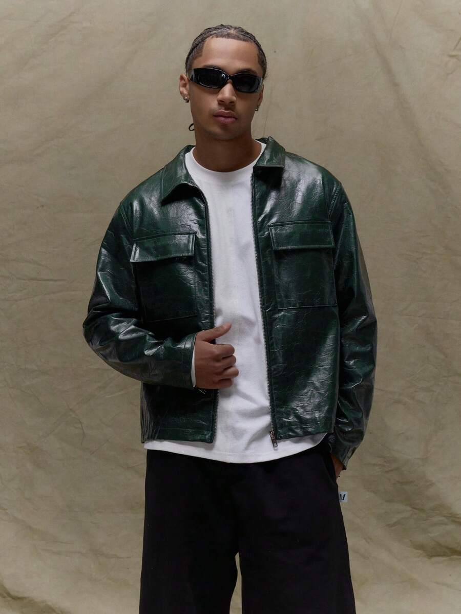 Musero 男士拉链长袖PU皮翻领双口袋修身夹克 春夏款 - 墨綠色 - 查看 1