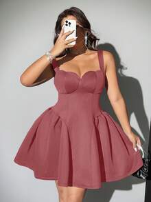 Viva Relle 加大码无袖纯色优雅荷叶边下摆紧身连衣裙 - 藕粉色 - 查看 1