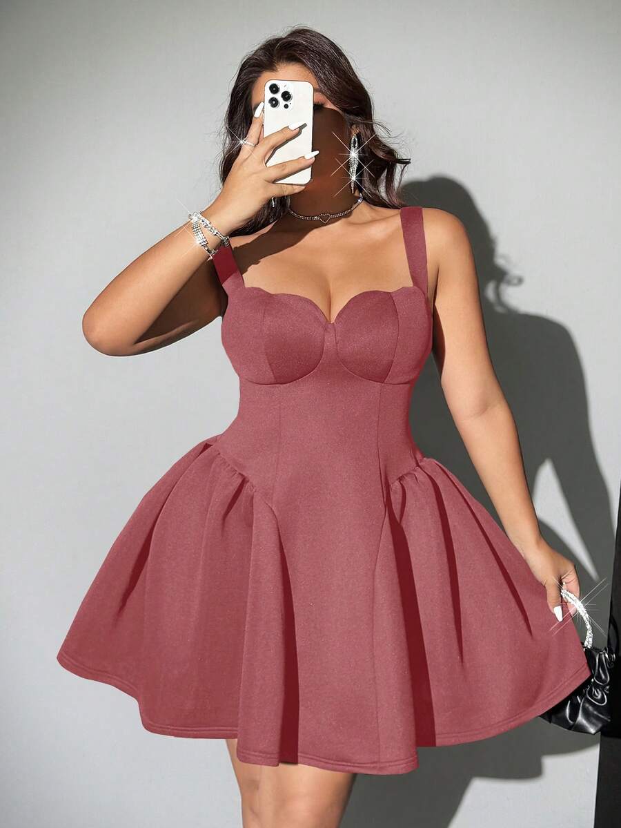 Viva Relle 加大码无袖纯色优雅荷叶边下摆紧身连衣裙 - 藕粉色 - 查看 1