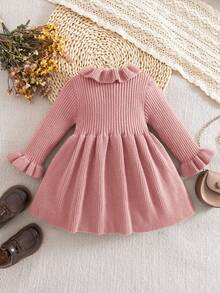 SHEIN Babygirl 可爱纯色针织长袖连衣裙，秋冬 - 粉色 - 查看 2