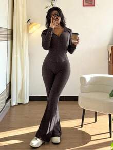 Rafferiza 2pcs Women Casual Hooded Sweatshirt With Pockets & Ribbed Flare Pants Set, Versatile For Daily Wear, Autumn/Winter - Mocha Brown - View 5