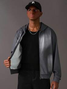 STYNVO Men's Casual Letter Print Zip Up Hoodie Sweatshirt, Autumn Street Wear Grey Hoodie, Long Sleeve Top - Grey - View 6