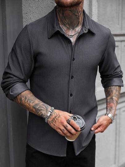 Manfinity CasualCool 男士条纹提花长袖无领衬衫，休闲度假、约会、聚会、用餐、办公室，百搭款式，秋季送给男朋友或丈夫的最佳礼物