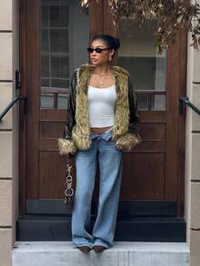 Muchica Jachetă la modă pentru femei, stil stradal, cu imprimeu de blană artificială, cu deschidere în față, toamnă - Negru - Vizualizare 6