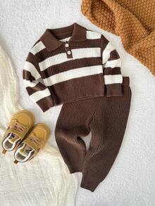 SHEIN Playful Pals Toddler Boys' Sweater Set, Striped Knit Pullover And Pants 2 Pieces Outfit, Loose Fit, Suitable For Autumn And Winter Autumn And Winter Two Piece Suit Baby Boys Outfit Baby Boy Knitted Set Brown Baby Boy Outfit Knit Two Piece Toddler - Multicolor - View 7