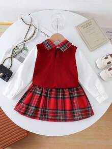 2件套幼儿女童舒适学校/派对套装，罗纹背心和格子领长袖上衣搭配百褶裙，活力四射