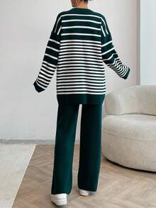 EURMUSE Women Irregular Stripe Pattern Round Neck Drop Shoulder Pullover & Sweater Pants Set,Petite Co Ord,Co Ord,Petite,Winter Clothes - Green - View 2