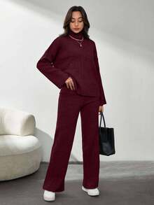 SHEIN Tall Solid Color Long-Sleeved Sweater And Knitted Trousers Two Pieces Set,Petite,Winter Clothes, Tall Women - Burgundy - View 5