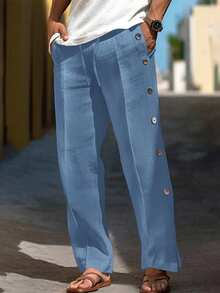 Manfinity Men's Fashion Casual Button Decor Drawstring Waist Pants, Fall - Blue - View 1