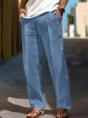 Manfinity Men's Fashion Casual Button Decor Drawstring Waist Pants, Fall