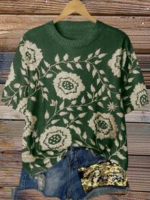 Linhara كنزة صوفية كاجوال قصيرة الأكمام مطبوعة بطبعات عشوائية للنساء ذوات الحجم الكبير، بياقة مستديرة وتريكو ملون، مناسبة للخريف والشتاء