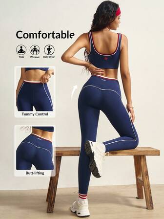 VARSITIE Women Leggings Women's Striped Casual Fitness Leggings Navy Workout Yoga Active Workout Legging