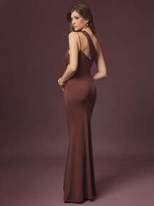 L'Amorae Women Cut Out Maxi Dress Ornament Detail Holiday Fall Wedding Guest Night Out Birthday Outfit - Brown - View 2