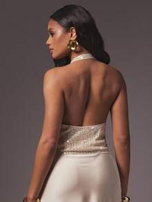 Hauture 女式性感派对围脖挂脖亮片露背垂坠上衣 - 杏色 - 查看 2