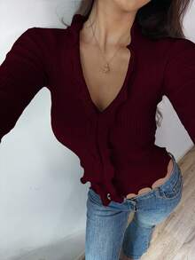 Flirla 白色波浪荷叶边休闲修身女式针织上衣 - 酒紅色 - 查看 5