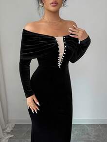 Selianne Váy trễ vai nhung đính ngọc trai, thiết kế bó eo, viền đuôi cá, thanh lịch và duyên dáng, thích hợp cho sinh nhật, hẹn hò, tiệc tùng, lễ tạ ơn, những dịp trang trọng - màu đen - Xem 4