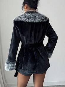 Elenzga 女士新款优雅仿皮草拼接长袖仿皮草外套，冬季 - 彩色 - 查看 2